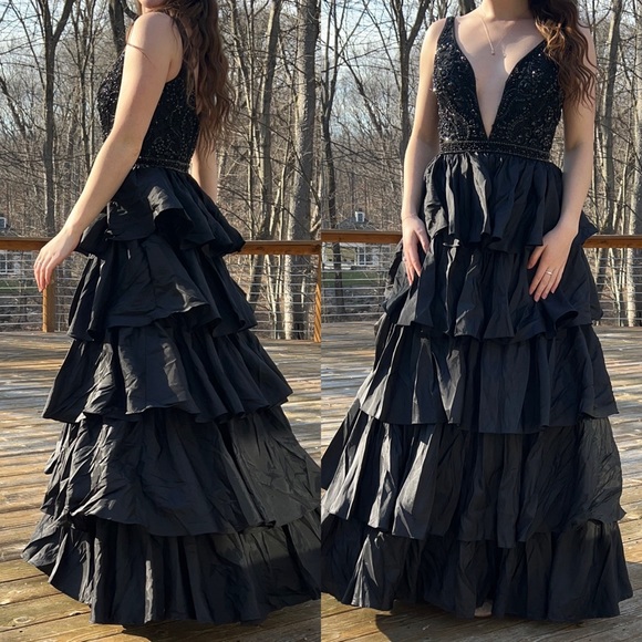 Sherri Hill Black Beaded Ruffle Tiered Prom Dress - Picture 5 of 14